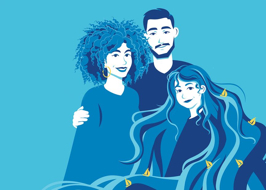 Titelmotiv der Travemünder Woche: Zeichnung einer Frau mit Segelbooten in den Haaren