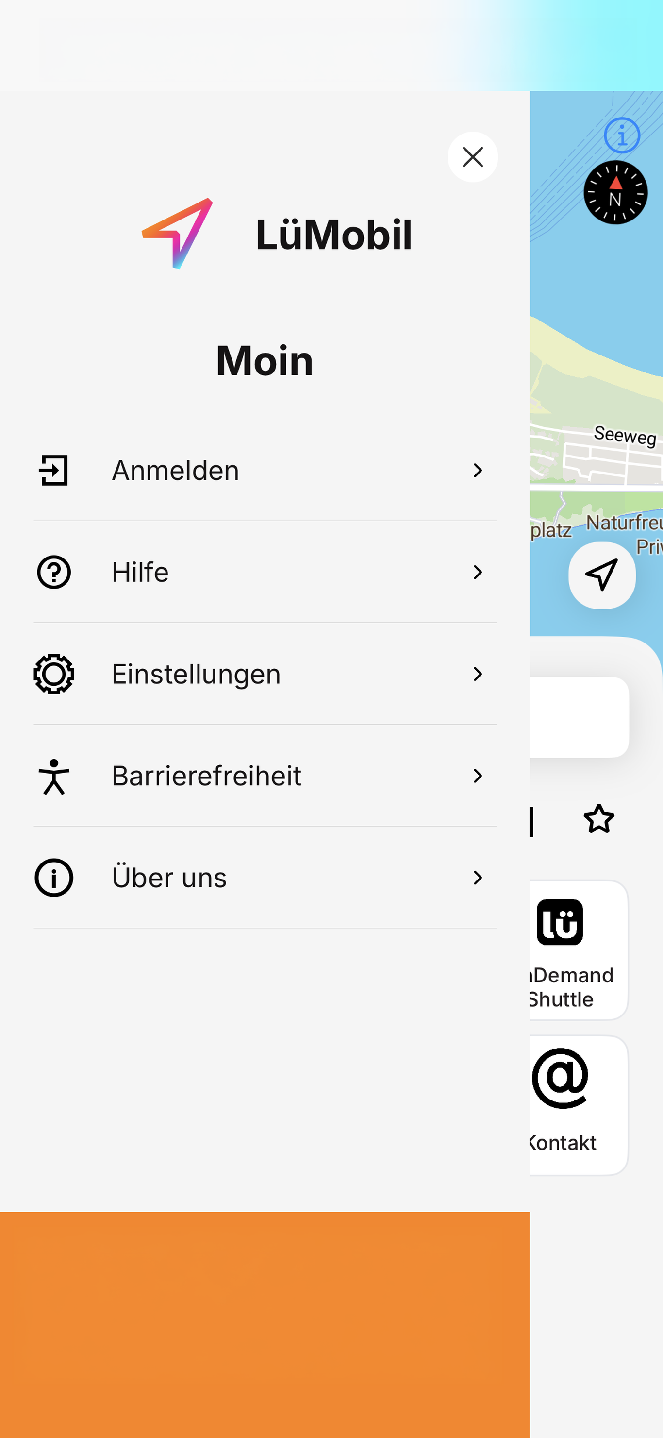 Screenshot der Lümobil App mit dem Menü-Bereich und der Anmeldung