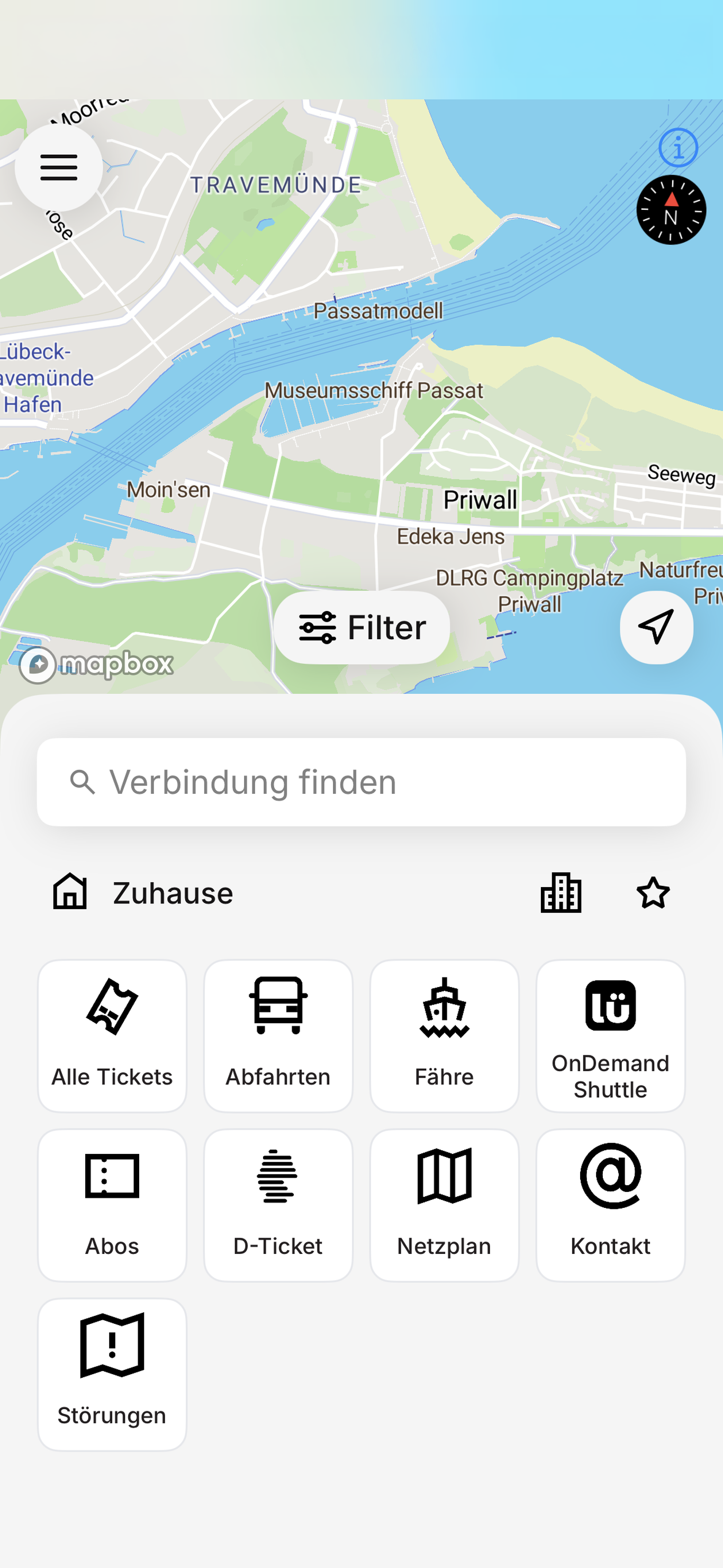Screenshot der Lümobil App mit der Übersicht der Funktionen