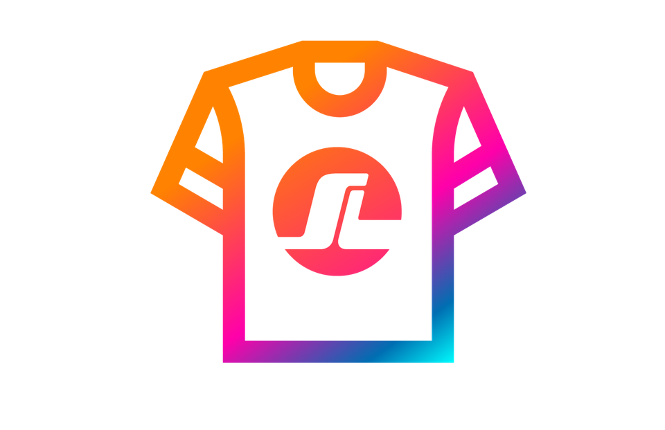 Illustration of a t-shirt with a gradient orange, pink, and blue outline, featuring a stylized letter "S" in a circle on the front.