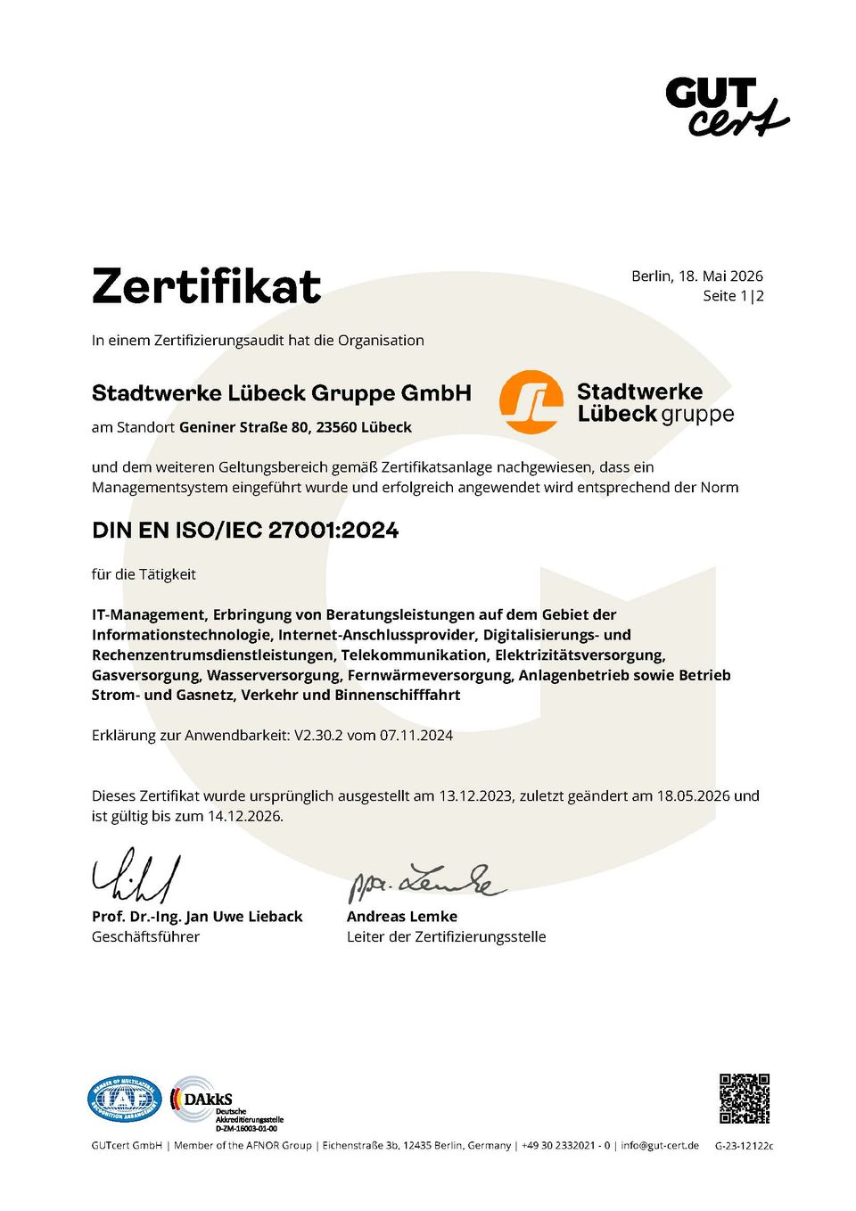 DIN EN ISO/IEC 27001: Stadtwerke Lübeck Gruppe (Seite 1)