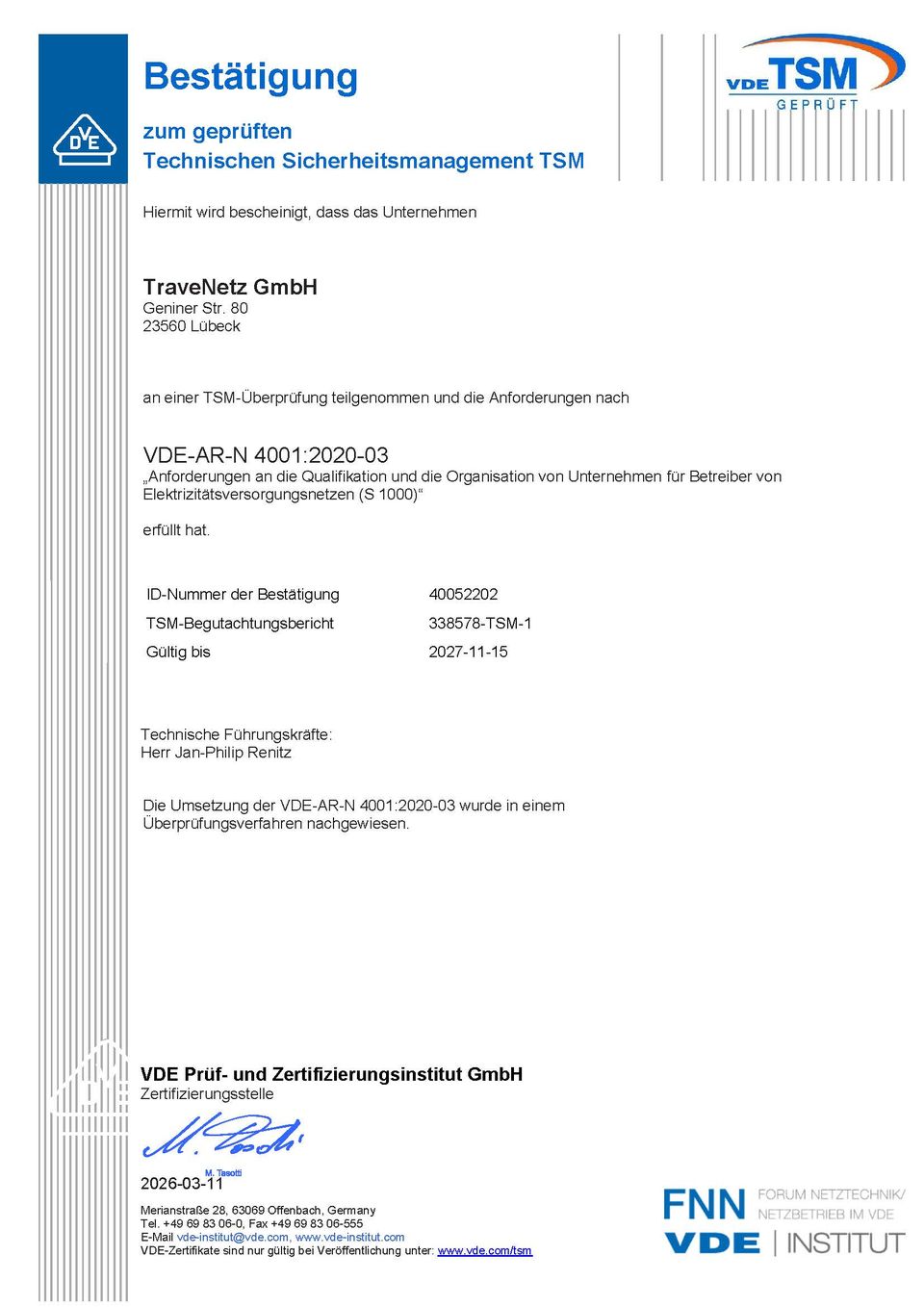Bestätigung zum geprüften Technischen Sicherheitsmanagement TSM: TraveNetz