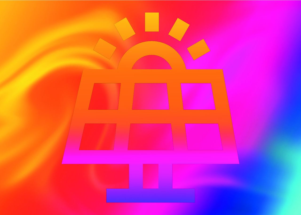 Abstraktes Bild eines stilisierten Solarmoduls und einer Sonne vor einem lebhaften Farbverlauf aus Orange, Rosa und Blau.