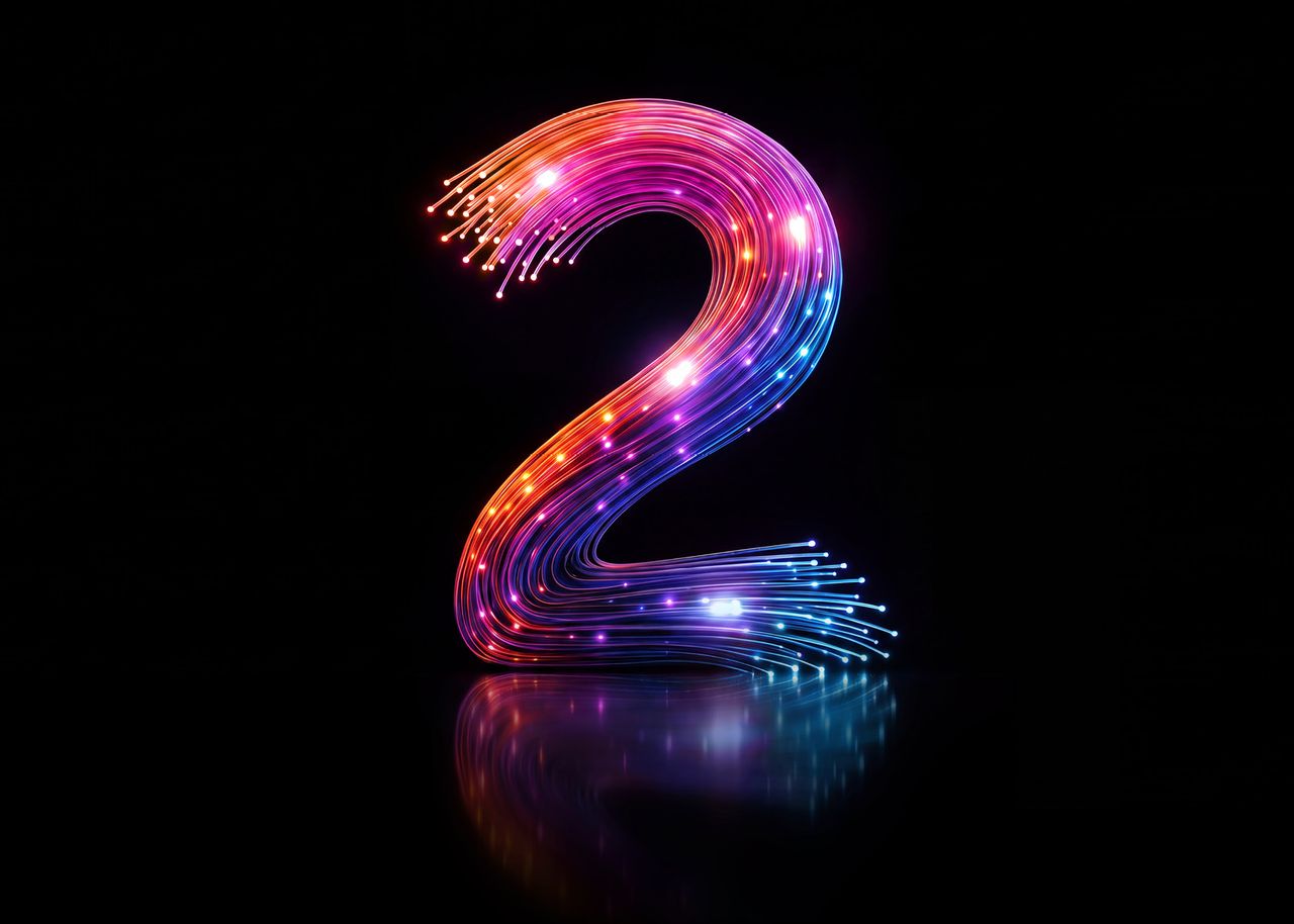 Eine leuchtende Neon-Zahl „2“ aus Glasfaserleuchten mit dem Schriftzug „2 Monate Glasfaser geschenkt!“ auf schwarzem Hintergrund (KI generiert)
