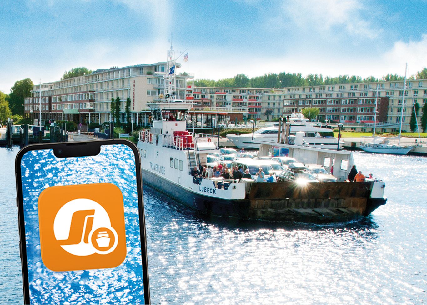 Handy mit FährTic App vor Priwallfähre