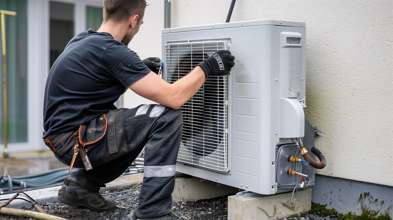 Ein Techniker in Arbeitskleidung und Handschuhen montiert eine Wärmepumpe an einer Gebäudewand.