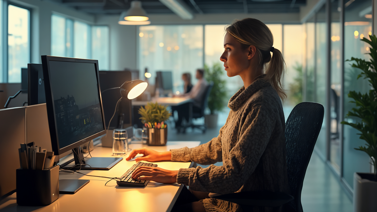 A woman working at a computer in a modern office with soft lighting, surrounded by plants and colleagues in the background.