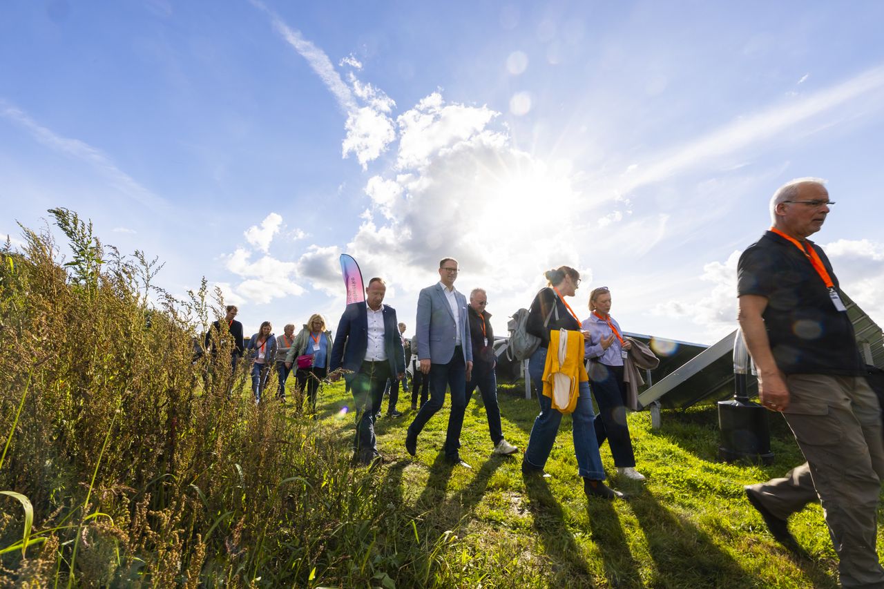 Eine Gruppe von Menschen spaziert über eine sonnige Wiese, im Hintergrund sind Solarmodule zu sehen, und am Himmel strahlt die Sonne.