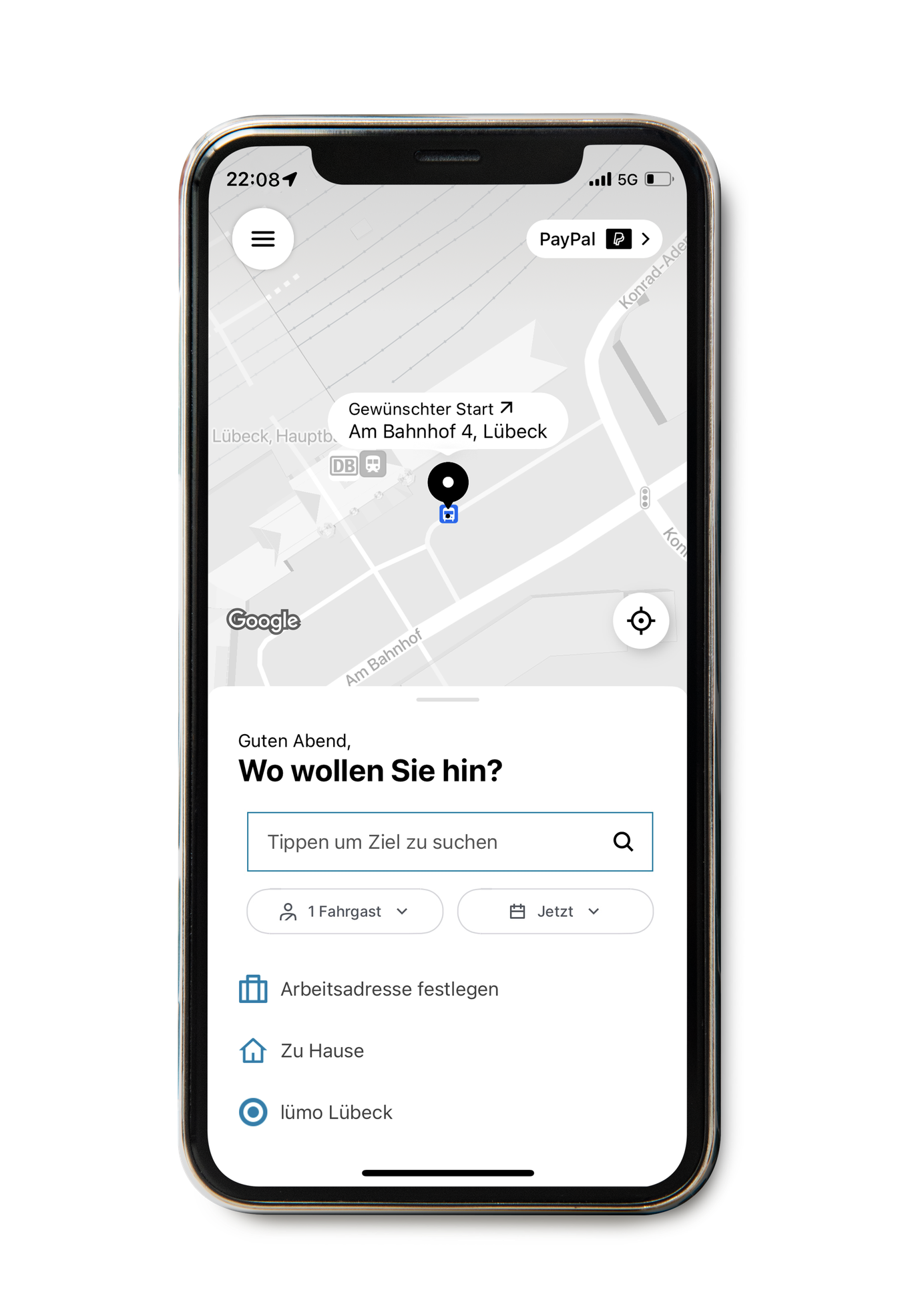 Handy zeigt Start- und Zieleingabe in lümo-App
