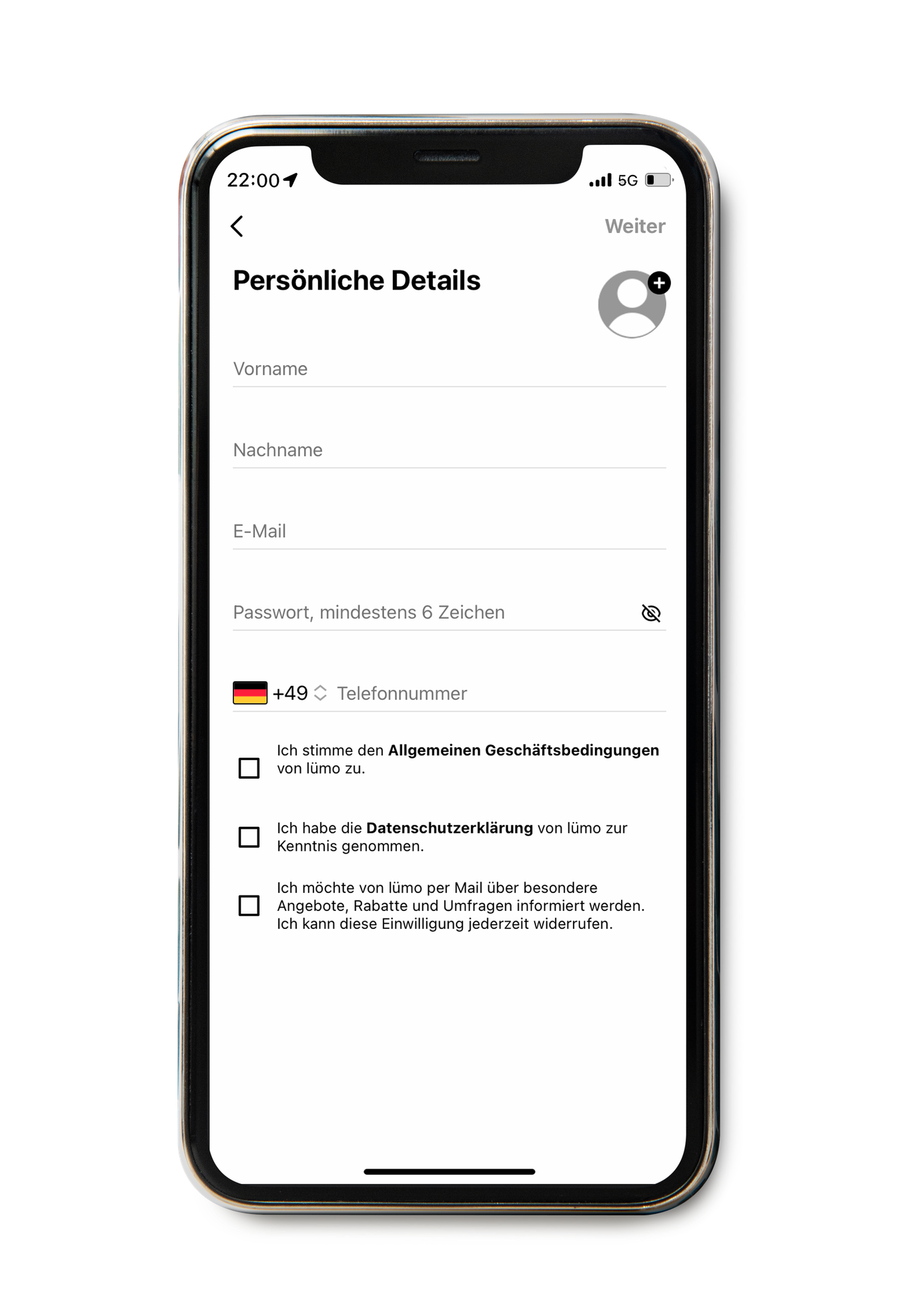 Handy zeigt Anmeldung in lümo-App (Persönliche Details)