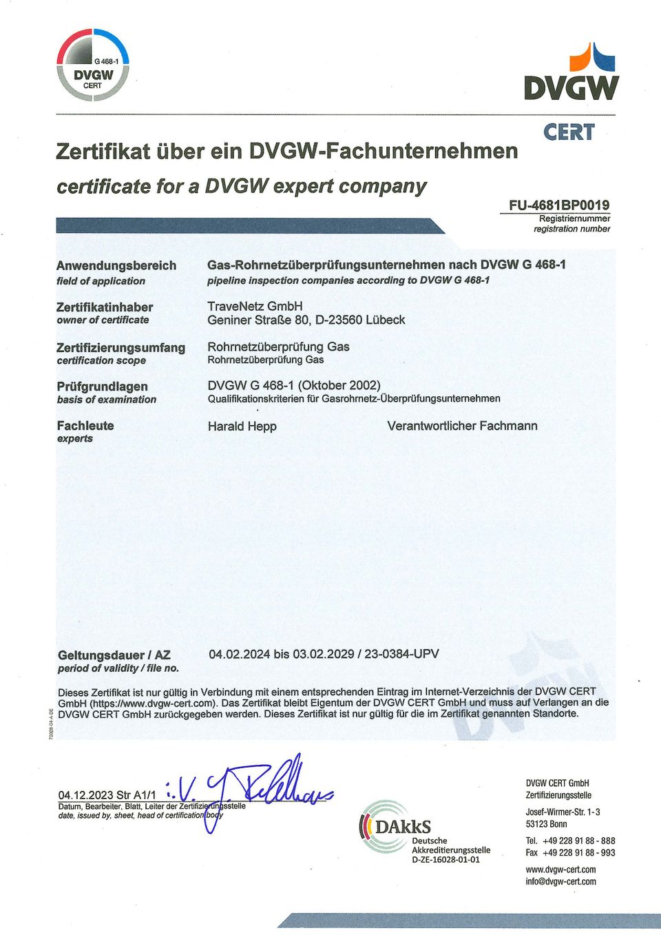 Zertifikat über ein DVGW-Fachunternehmen: TraveNetz