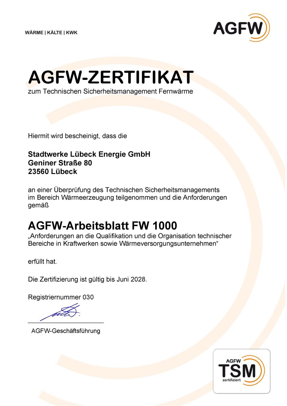 AGFW-Arbeitsblatt FW 1000: Stadtwerke Lübeck Energie
