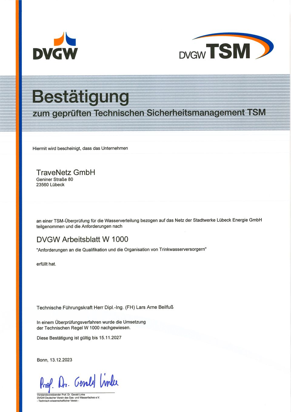 DVGW Arbeitsblatt G 1000: TraveNetz (Wasser)