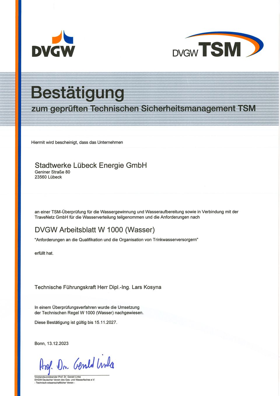 DVGW Arbeitsblatt G 1000: Stadtwerke Lübeck Energie (Wasser)