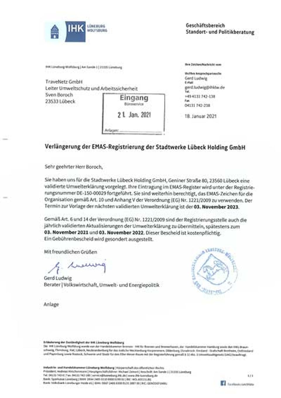 Verlängerung der EMAS-Registrierung der Stadtwerke Lübeck Holding GmbH