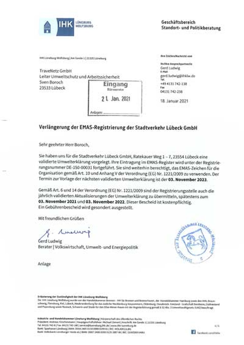 Verlängerung der EMAS-Registrierung der Stadtverkehr Lübeck GmbH