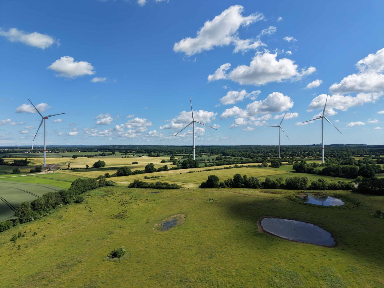 Windkraftanlagen in einer weitläufigen grünen Landschaft mit Feldern, Bäumen und kleinen Teichen unter einem blauen Himmel mit vereinzelten Wolken.