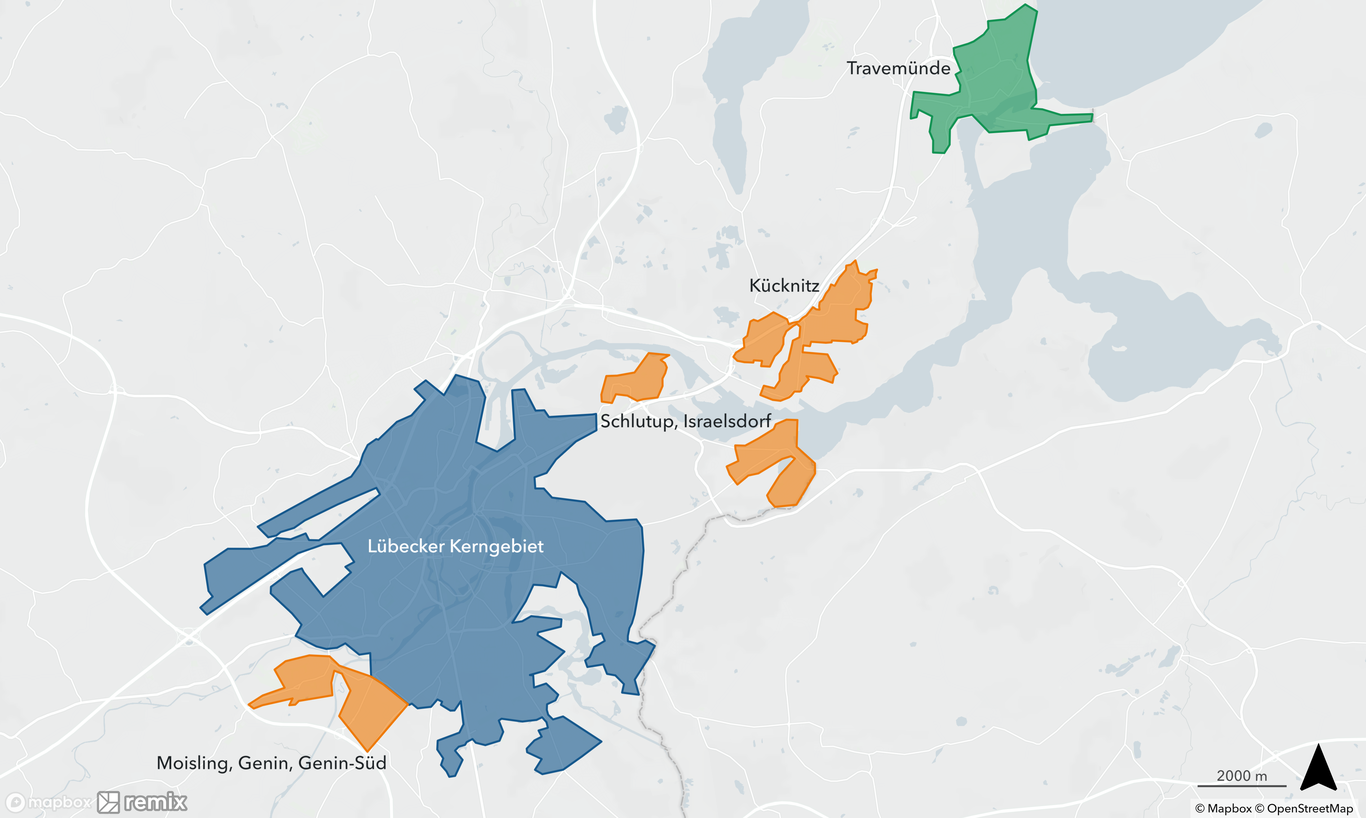 Zonen für das Ausbringen und das Abstellen von E-Tretroller in Lübeck (Stand: 2024)