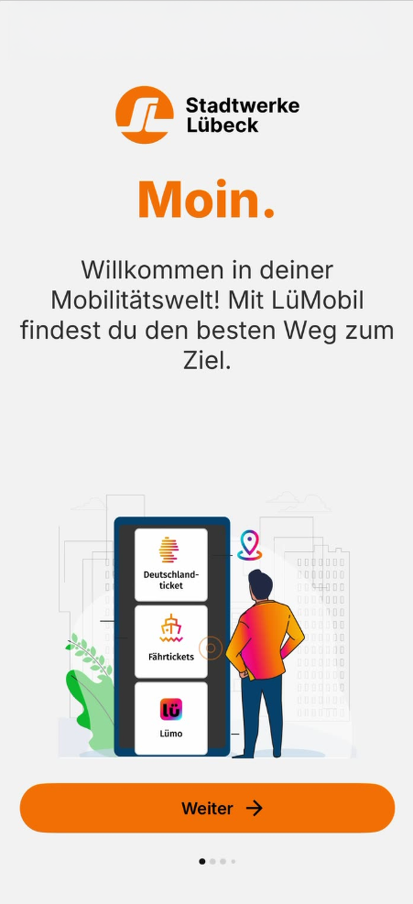 Screenshot der Lümobil App mit der Startansicht nach erstmaligem Öffnen der App