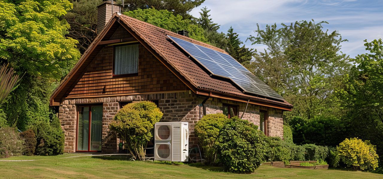 Ein kleines Haus inmitten eines üppig grünen Waldes, vor dem eine Wärmepumpe steht und auf dessen Dach Sonnenkollektoren angebracht sind (KI generiert)