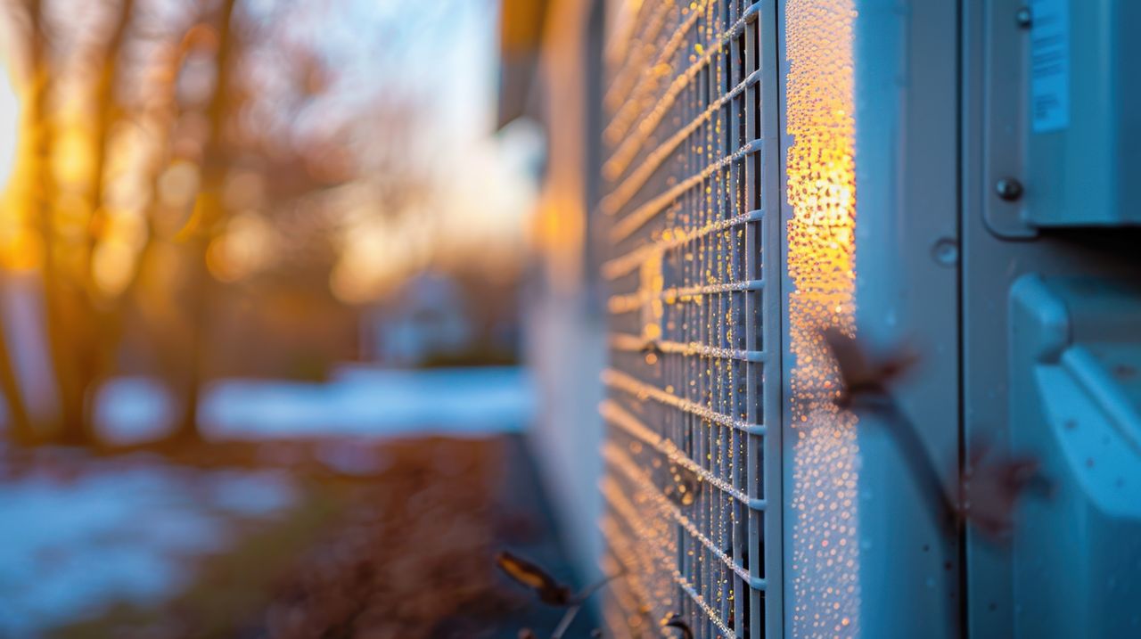 Nahaufnahme eines Metallzauns mit Morgentau, der in das warme Licht der aufgehenden Sonne getaucht ist. Im unscharfen Hintergrund sind Bäume und ein schneebedeckter Boden zu sehen (KI generiert)