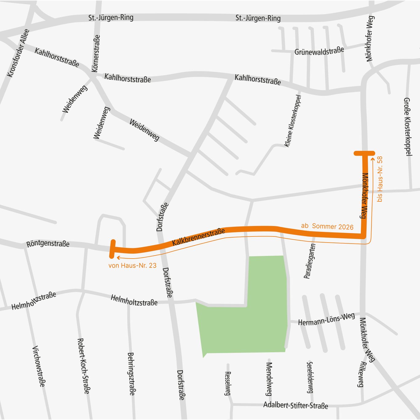 Grafik der Fernwärme Netzerweiterung von der Röntgenstraße Hausnummer 23 über die Kalkbrennerstraße in den Mönkhofer Weg Hausnummer 58