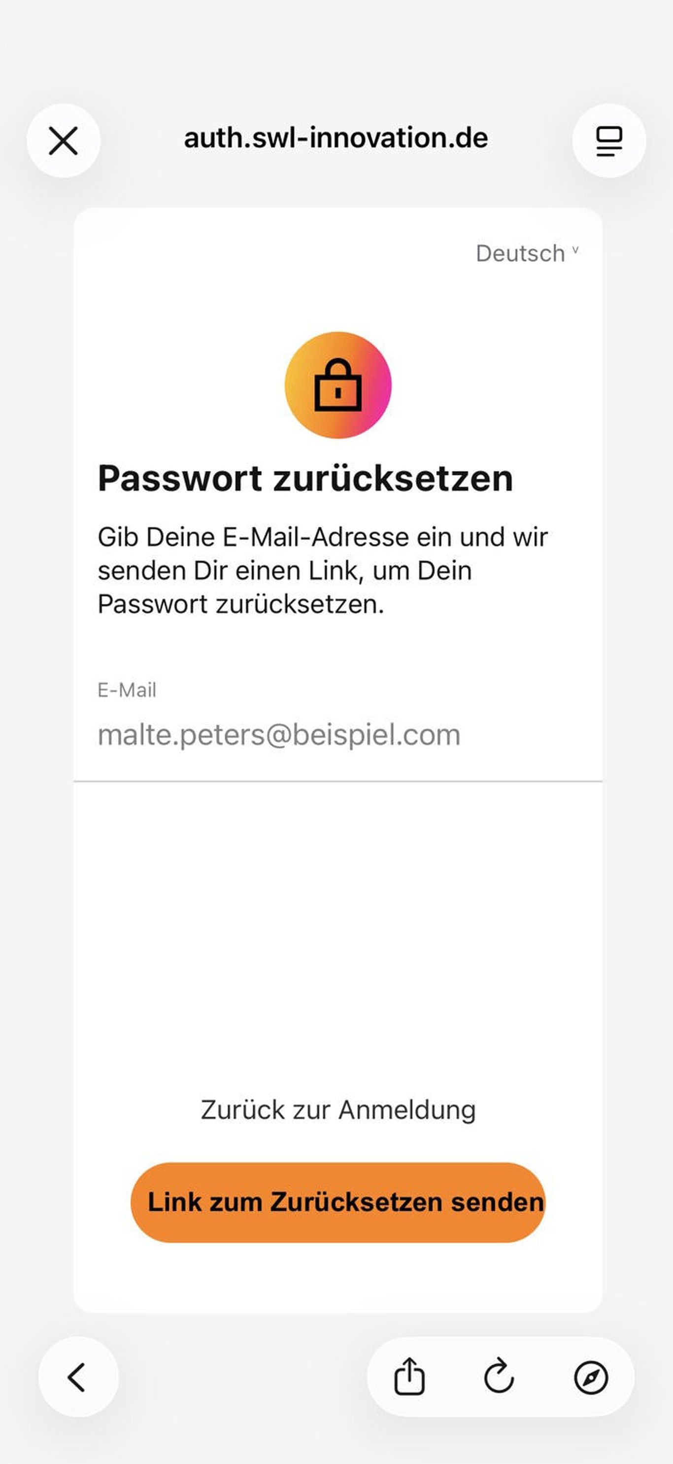 Screenshot der Lümobil App mit der Anleitung zum Zurücksetzen des Passworts