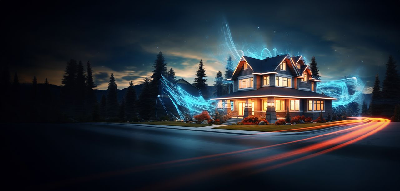 Illustration eines Hauses am späten Abend, aus dem Licht strömt (KI generiert)