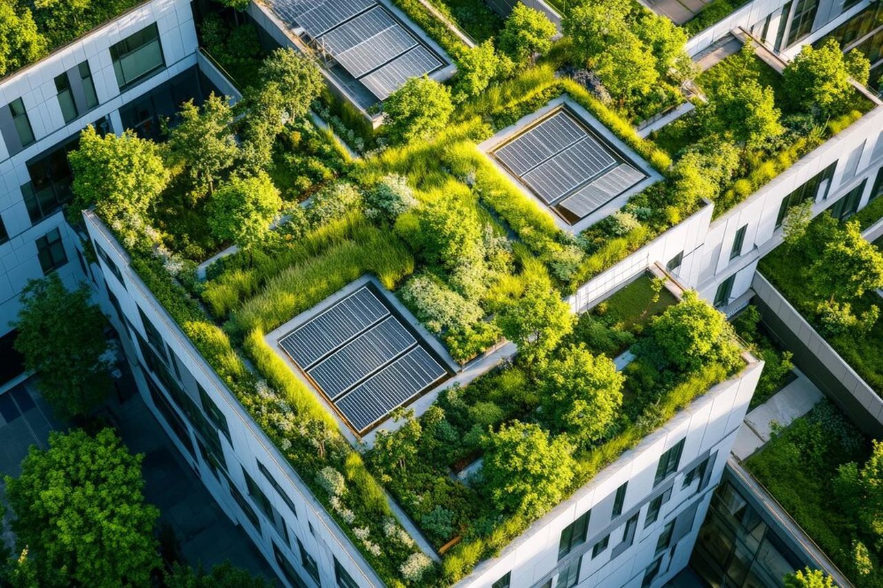 Aerial view of a modern building with lush green rooftop gardens and solar panels, surrounded by trees and vegetation.