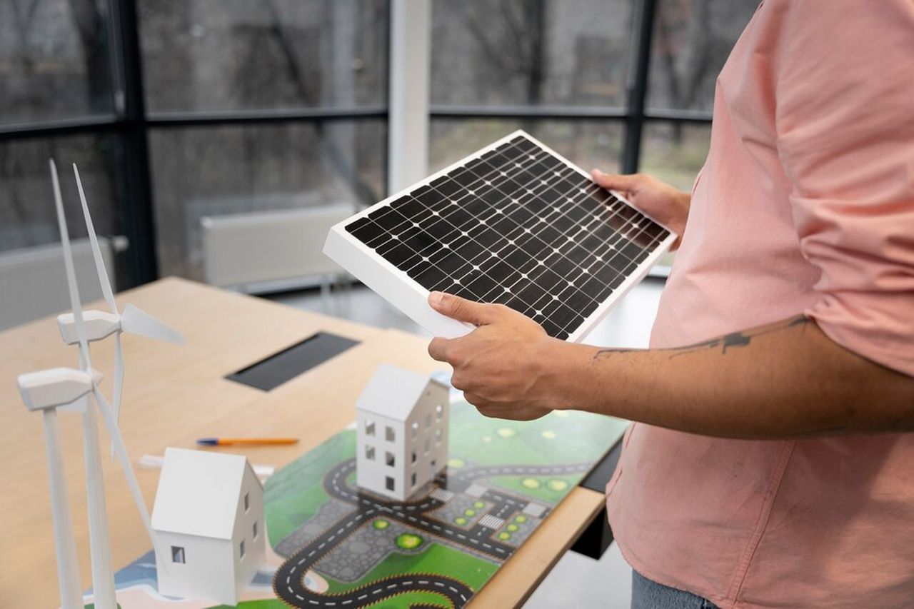 Person holding a solar panel model near miniature wind turbines and houses on a table, depicting renewable energy concepts.
